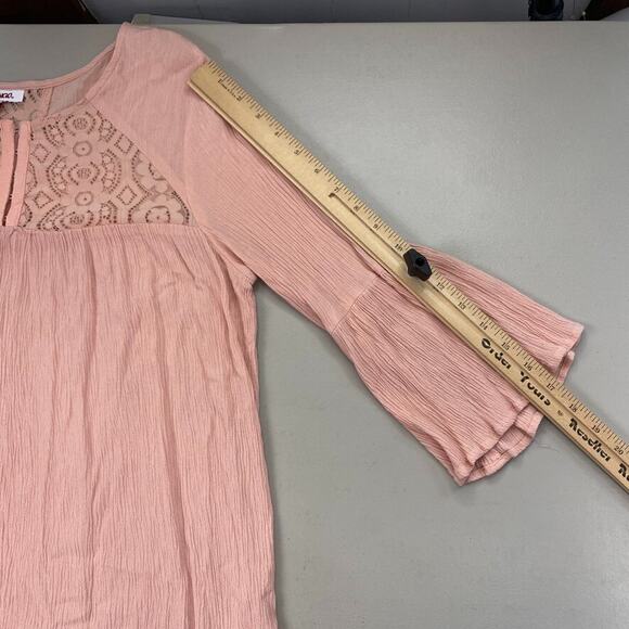 Bongo Top Womens Large Dusty Pink Babydoll Sheer Lace Gauzy Bell Sleeve Boho - Picture 8 of 14